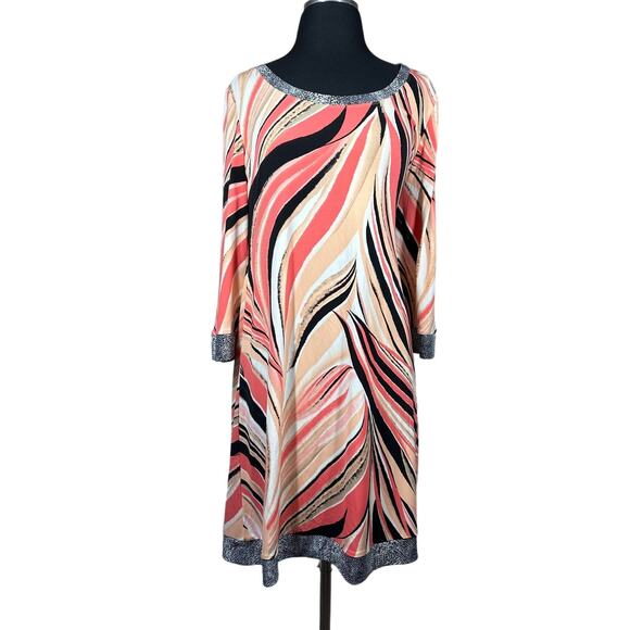 Calvin Klein Swirl Abstract Print Peach Coral Black Shift Dress Colorful Size L - Picture 1 of 15